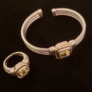 Sterling & 14k gold bracelet and matching ring, with large green topaz